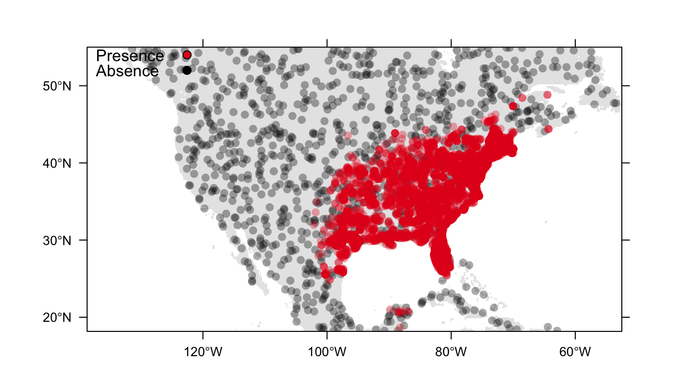 Figure 1: Distribution of presence (red) and background (black) data for the Carolina wren in North America