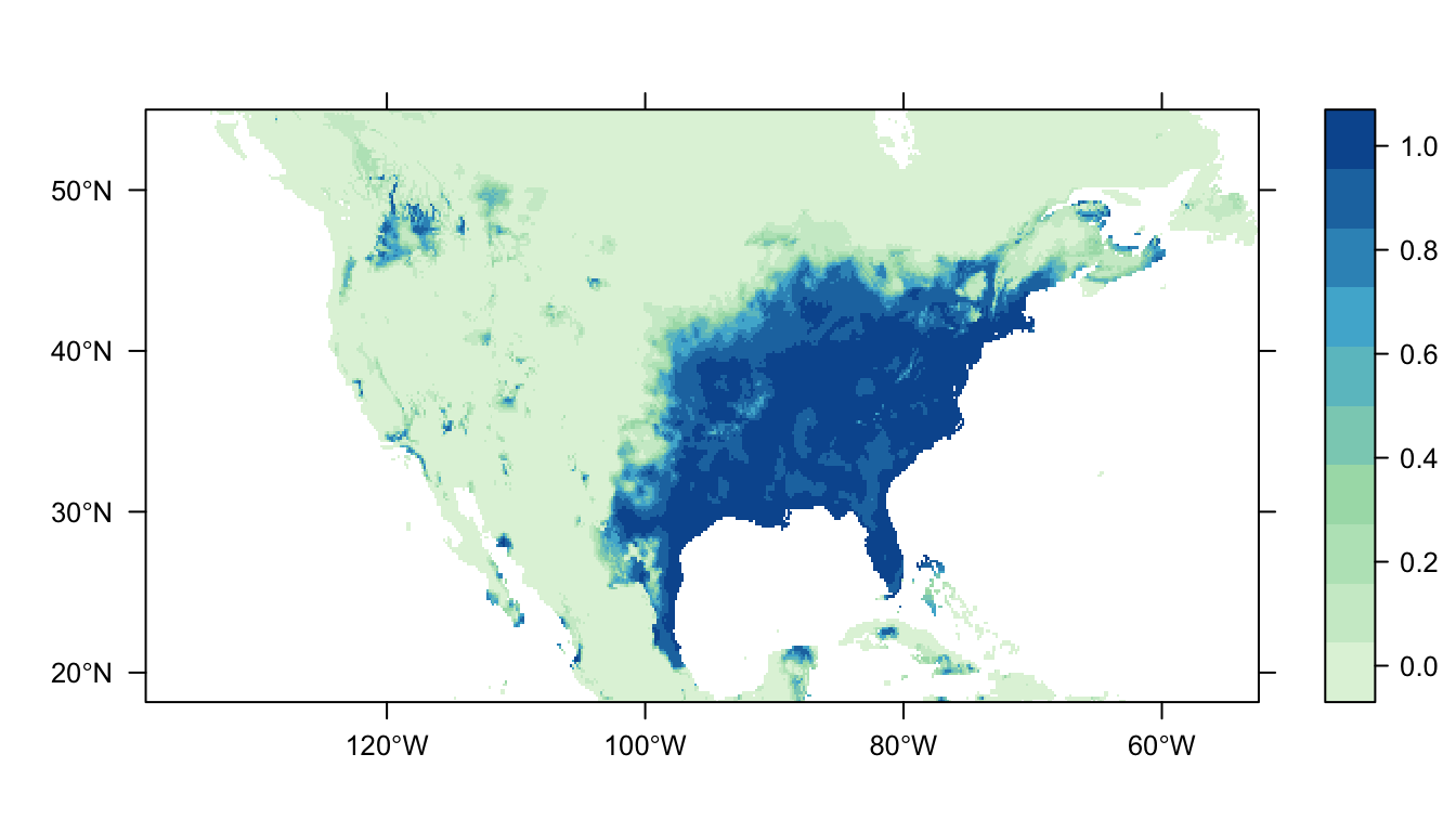 Figure 3: Predicted Carolina wren distribution map for the GAM SDM