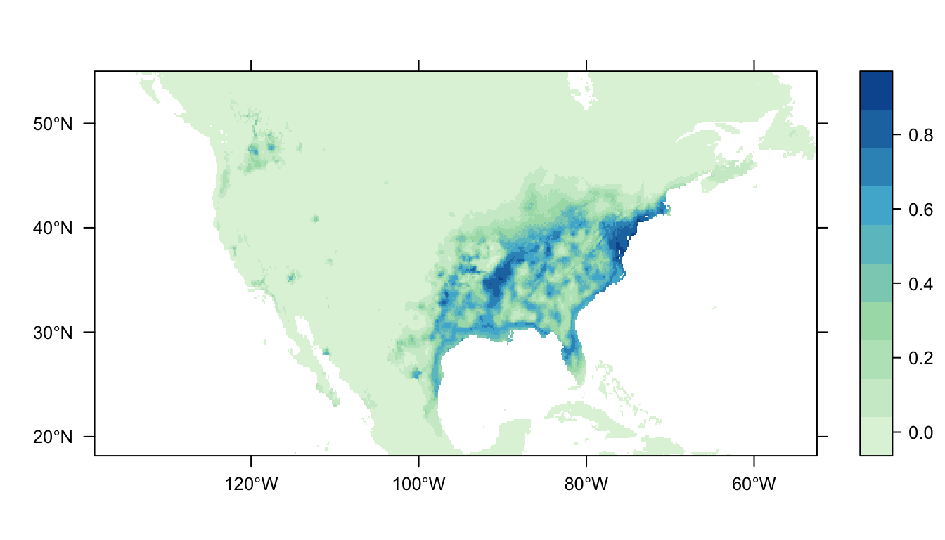 Figure 4: Predicted Carolina wren distribution map for the MaxNet SDM